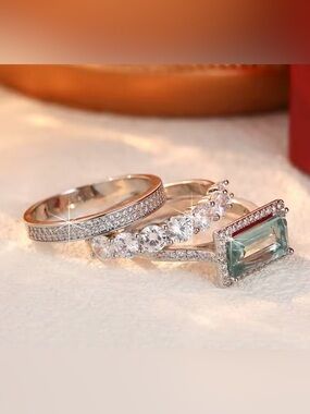 Elegant Crystal and Gemstone Stackable Rings - Silver and Green Set of 3 SIZE 7